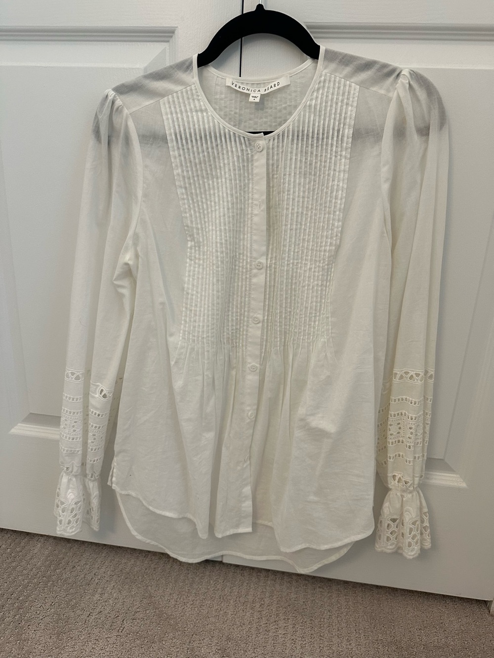 Veronica Beard Ivory Pintuck Button-Front Blouse with Lace Cuffs